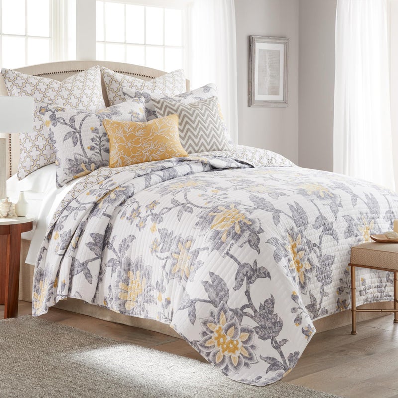 Levtex Home - Reverie Quilt Set - Full/Queen Quilt + Two Standard Pillow Shams - Floral - Yellow, Grey, and White - Quilt Size (88x92in.) and Pillow Sham Size (26x20in.) - Reversible - Cotton Fabric - Image 3